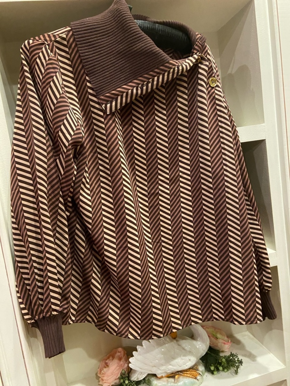 Vintage IMAN Brown and Cream Diagonal-Stripe Funnel Neck Top